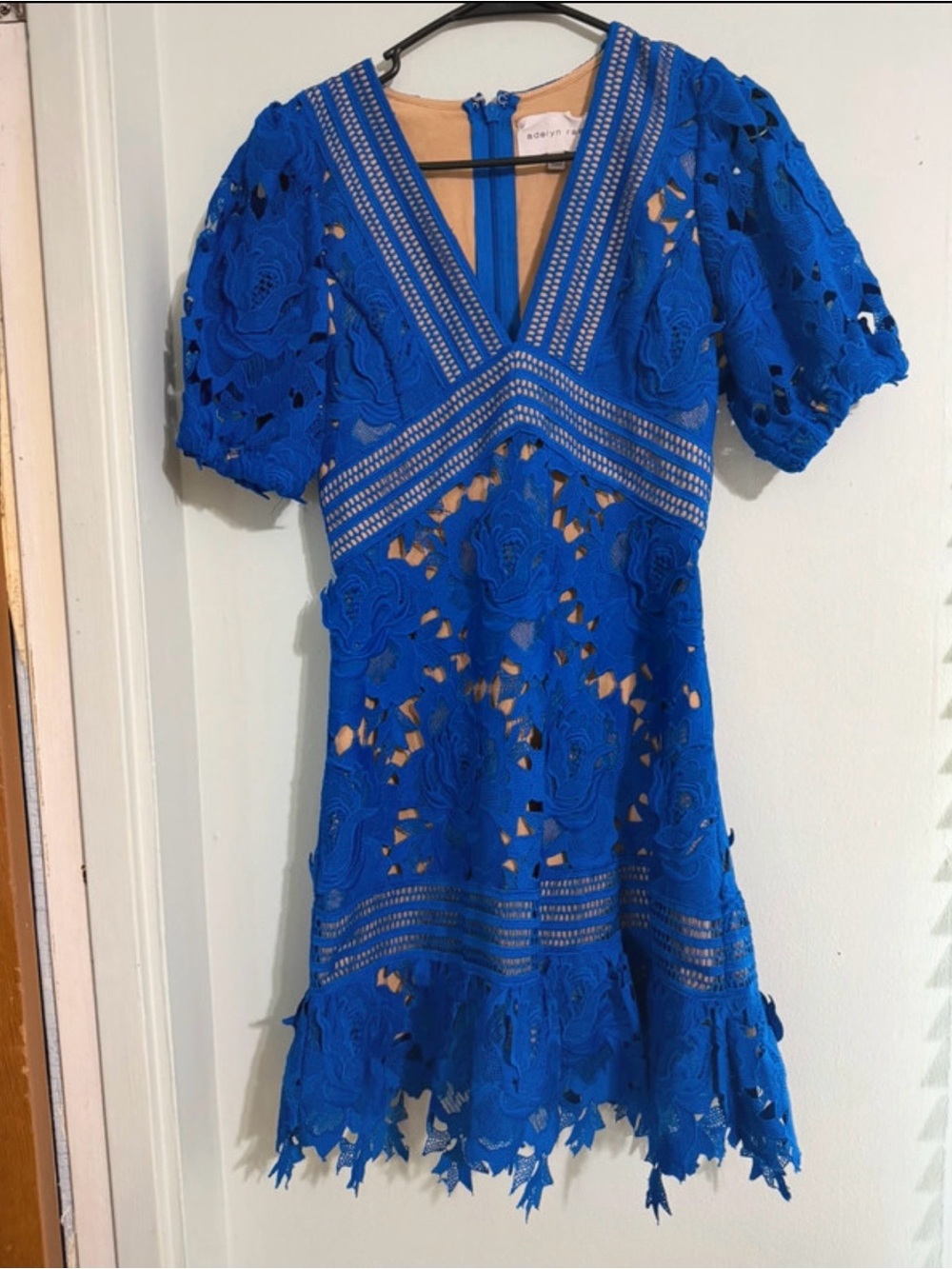 Aidan Mattox Cobalt Blue Floral Lace V-Neck Dress